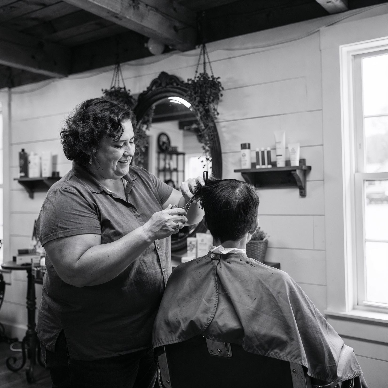 Black and white candid documentary-style photograph of a slightly overweight middle-aged female hair stylist with curly short hair and warm friendly expression, having a mid-conversation with her client, while her eyes and hands are intently focused on giving a precise haircut using scissors and comb, her client seated in a vintage barber chair under a cape, in a quirky New England boutique spa with cozy interior featuring exposed wooden beams, shiplap walls, an antique oval mirror, hanging plants, and small shelves of artisanal products, with a large window allowing diffused daylight, shot on Leica M10 Monochrom with 50mm lens, f/2.8, shallow depth of field, cinematic black and white contrast, rich tonal range, sharp focus on her face and hands, showcasing high-resolution, ultra-detailed textures on skin, hair, and fabric, capturing an authentic candid moment, with natural soft smile lines, realistic body proportions, and a photorealistic style, in 8k clarity, resulting in a masterpiece, free of artifacts.